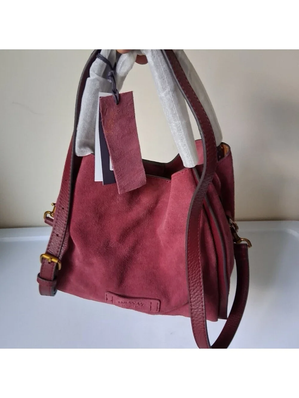 American Leather Co. Auburn Convertible Crossbody Satchel Dark Cherry Suede NWT